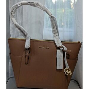 Michael Kors Large‎ Charlotte Zip Tote Shoulder Bag Brown Leather NWT.